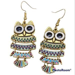 Owl Earrings Multi-color Contrast On Gold Tone